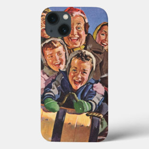 Vintage Christmas, Happy Family Toboggan Sledding iPhone 13 Case