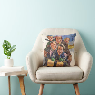Vintage Christmas, Happy Family Toboggan Sledding Cushion