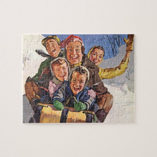 Vintage Christmas, Happy Family Toboggan Sledding Jigsaw Puzzle (Horizontal)