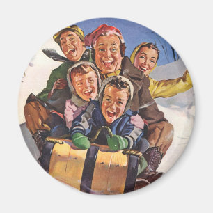 Vintage Christmas, Happy Family Toboggan Sledding Magnet
