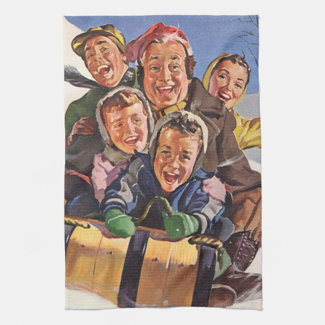 Vintage Christmas, Happy Family Toboggan Sledding Tea Towel (Vertical)