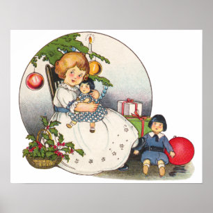 Vintage Christmas, Happy Girl Playing with Dolls Poster