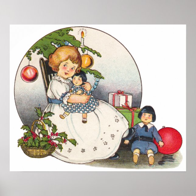 Vintage Christmas, Happy Girl Playing with Dolls Poster (Front)