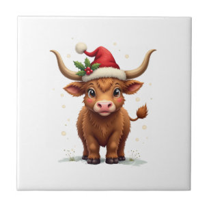 Vintage Christmas Highland Cow Cute Holiday Farm A Ceramic Tile