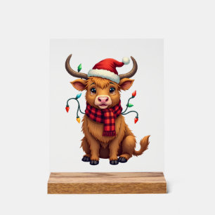 Vintage Christmas Highland Cow Cute Holiday Vector Acrylic Sign