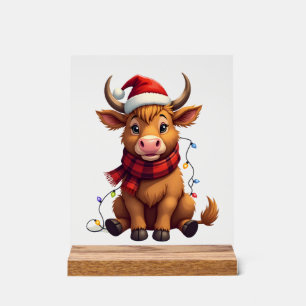 Vintage Christmas Highland Cow Cute Holiday Vector Acrylic Sign