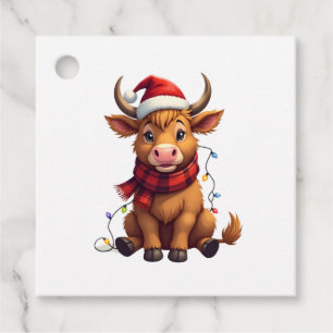 Vintage Christmas Highland Cow Cute Holiday Vector Favour Tags