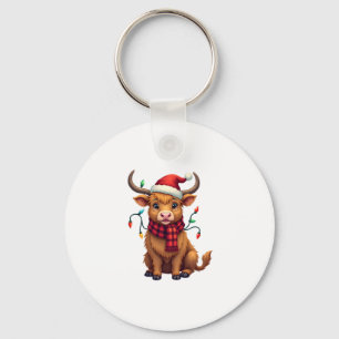 Vintage Christmas Highland Cow Cute Holiday Vector Key Ring