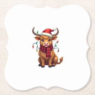 Vintage Christmas Highland Cow Cute Holiday Vector Paper Coaster
