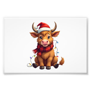 Vintage Christmas Highland Cow Cute Holiday Vector Photo Print