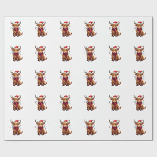 Vintage Christmas Highland Cow Cute Holiday Vector Wrapping Paper