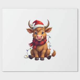 Vintage Christmas Highland Cow Cute Holiday Vector Wrapping Paper