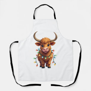 Vintage Christmas Highland Cow Cute Retro Holiday Apron