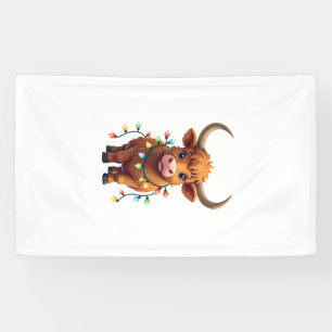 Vintage Christmas Highland Cow Cute Retro Holiday Banner