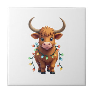 Vintage Christmas Highland Cow Cute Retro Holiday Ceramic Tile