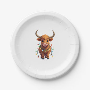 Vintage Christmas Highland Cow Cute Retro Holiday Paper Plate