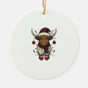 Vintage Christmas Highland Cow Holiday Shirt_1 Ceramic Ornament