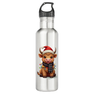 Vintage Christmas Highland Cow in Santa Hat and Bu 710 Ml Water Bottle