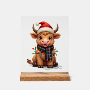Vintage Christmas Highland Cow in Santa Hat and Bu Acrylic Sign