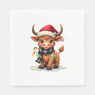 Vintage Christmas Highland Cow in Santa Hat and Bu Napkin