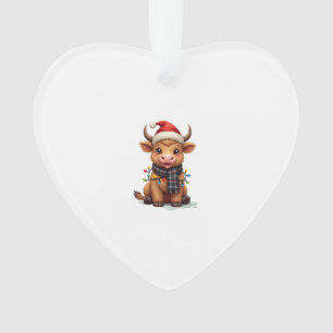 Vintage Christmas Highland Cow in Santa Hat and Bu Ornament