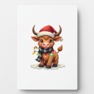 Vintage Christmas Highland Cow in Santa Hat and Bu Plaque