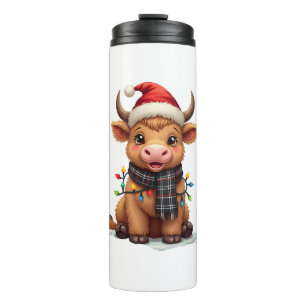 Vintage Christmas Highland Cow in Santa Hat and Bu Thermal Tumbler