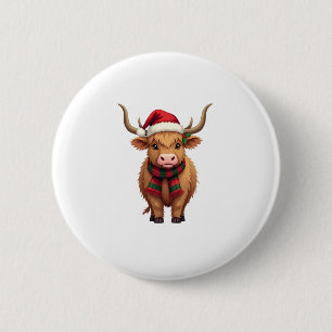 Vintage Christmas Highland Cow in Santa Hat and Pl 6 Cm Round Badge