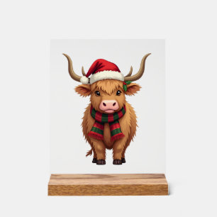 Vintage Christmas Highland Cow in Santa Hat and Pl Acrylic Sign