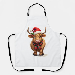 Vintage Christmas Highland Cow in Santa Hat and Pl Apron