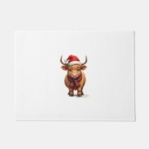 Vintage Christmas Highland Cow in Santa Hat and Pl Doormat