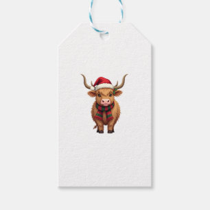 Vintage Christmas Highland Cow in Santa Hat and Pl Gift Tags