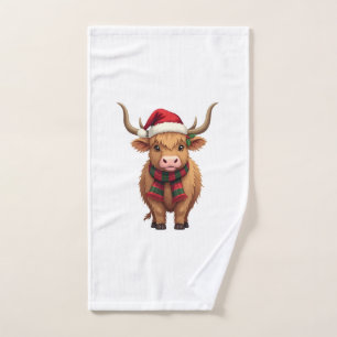 Vintage Christmas Highland Cow in Santa Hat and Pl Hand Towel