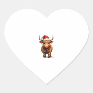 Vintage Christmas Highland Cow in Santa Hat and Pl Heart Sticker