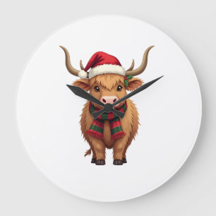 Vintage Christmas Highland Cow in Santa Hat and Pl Large Clock
