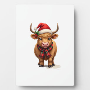 Vintage Christmas Highland Cow in Santa Hat and Pl Plaque