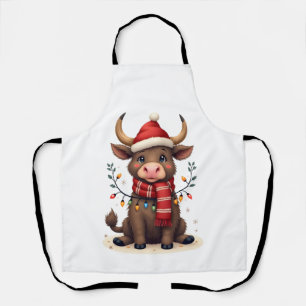Vintage Christmas Highland Cow in Santa Hat Cute H Apron