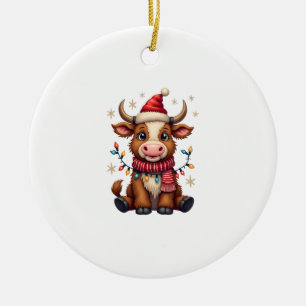 Vintage Christmas Highland Cow in Santa Hat Cute H Ceramic Ornament