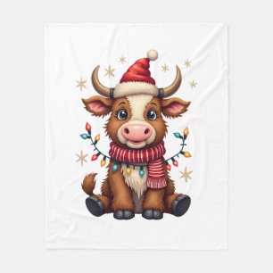 Vintage Christmas Highland Cow in Santa Hat Cute H Fleece Blanket