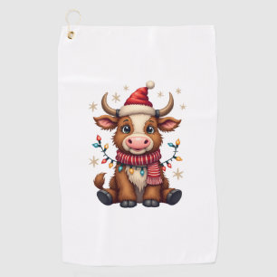 Vintage Christmas Highland Cow in Santa Hat Cute H Golf Towel