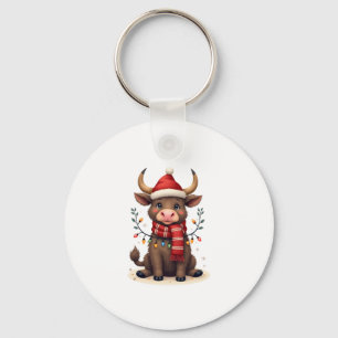 Vintage Christmas Highland Cow in Santa Hat Cute H Key Ring