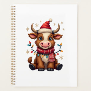 Vintage Christmas Highland Cow in Santa Hat Cute H Planner