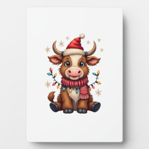 Vintage Christmas Highland Cow in Santa Hat Cute H Plaque