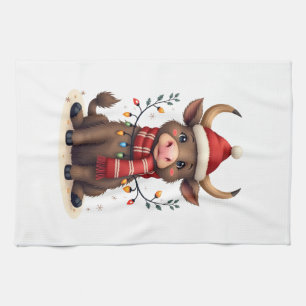 Vintage Christmas Highland Cow in Santa Hat Cute H Tea Towel