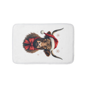Vintage Christmas Highland Cow in Santa Hat Rustic Bath Mat