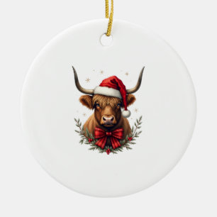 Vintage Christmas Highland Cow in Santa Hat Rustic Ceramic Ornament