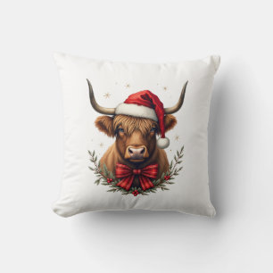 Vintage Christmas Highland Cow in Santa Hat Rustic Cushion