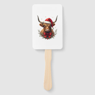 Vintage Christmas Highland Cow in Santa Hat Rustic Hand Fan