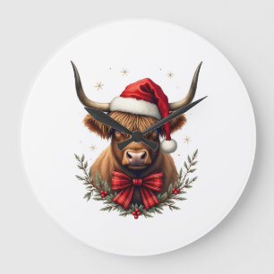 Vintage Christmas Highland Cow in Santa Hat Rustic Large Clock