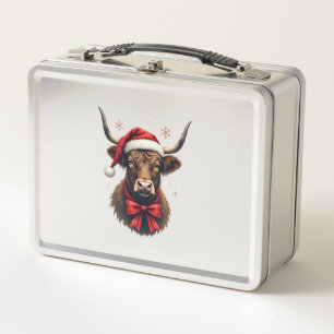 Vintage Christmas Highland Cow in Santa Hat Rustic Metal Lunch Box